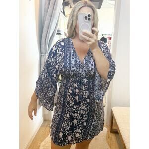 Lovestitch Kimono Bell Flare Sleeve V Neck Mini Dress Blue Medium
